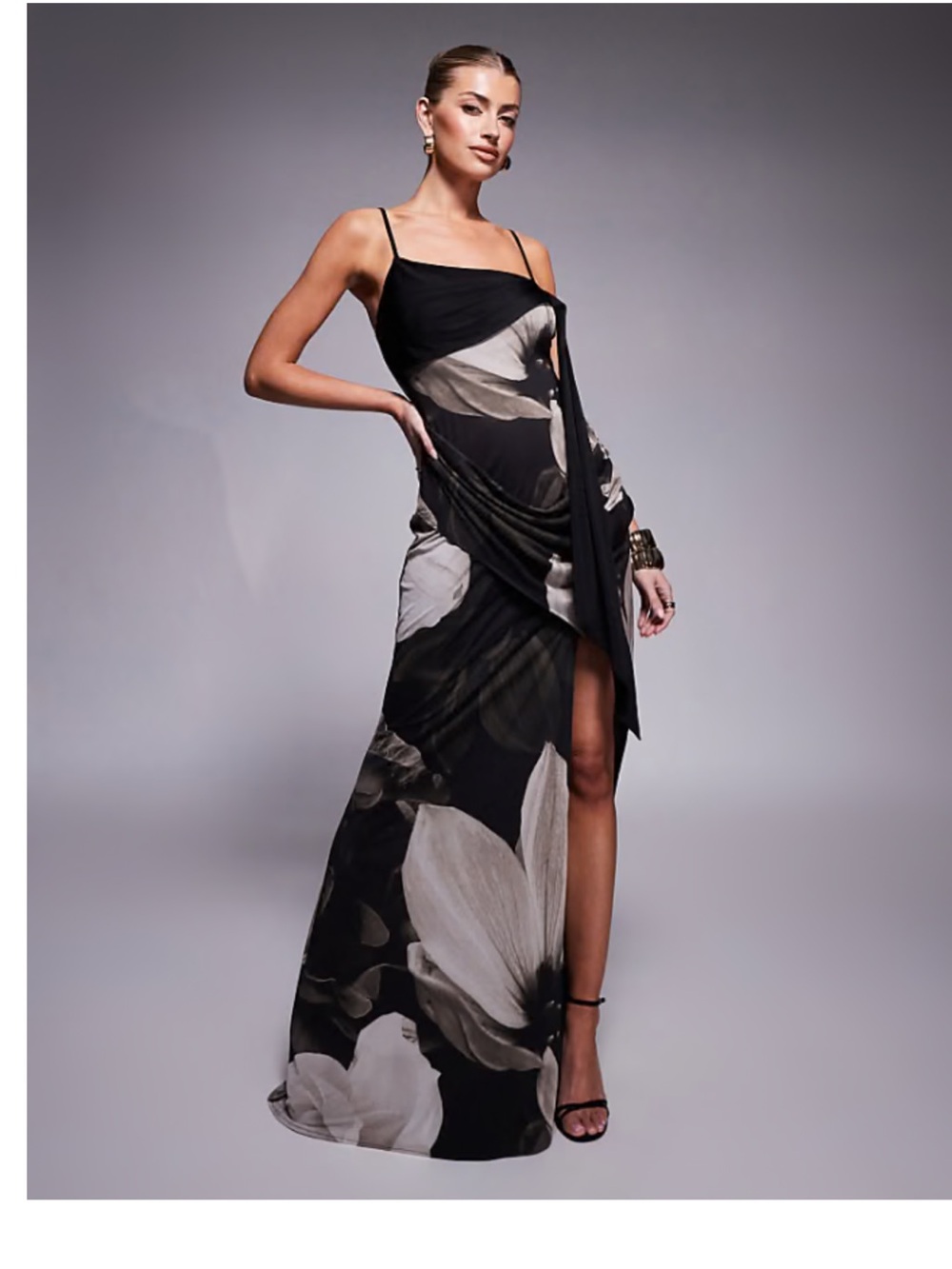 ASOS Black Maxi Dress with Large Cream Floral Print